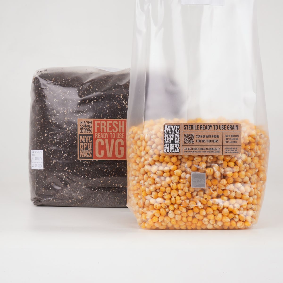 1.5kg Sterile Popcorn Grain in front of 3kg CVG