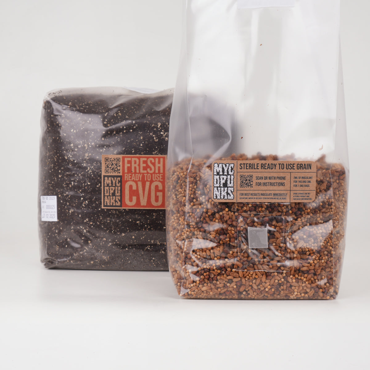 1.5kg Sterile Triple Mix Grain in front of 3kg CVG
