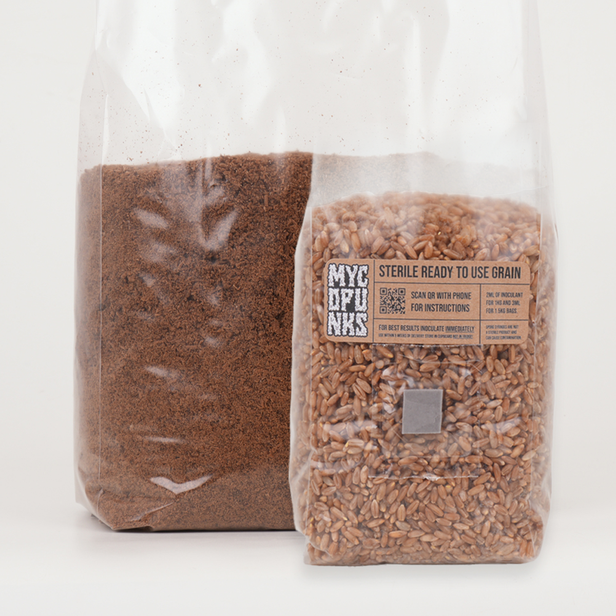 1kg Sterile Rye Grain + 2.6kg Supplemented Hardwood Substrate Bundle on a white background