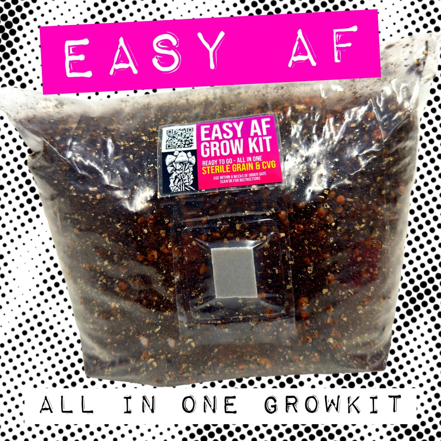 MycoPunks easy AF grow kit on black and white background with neon labelling saying EASY AF