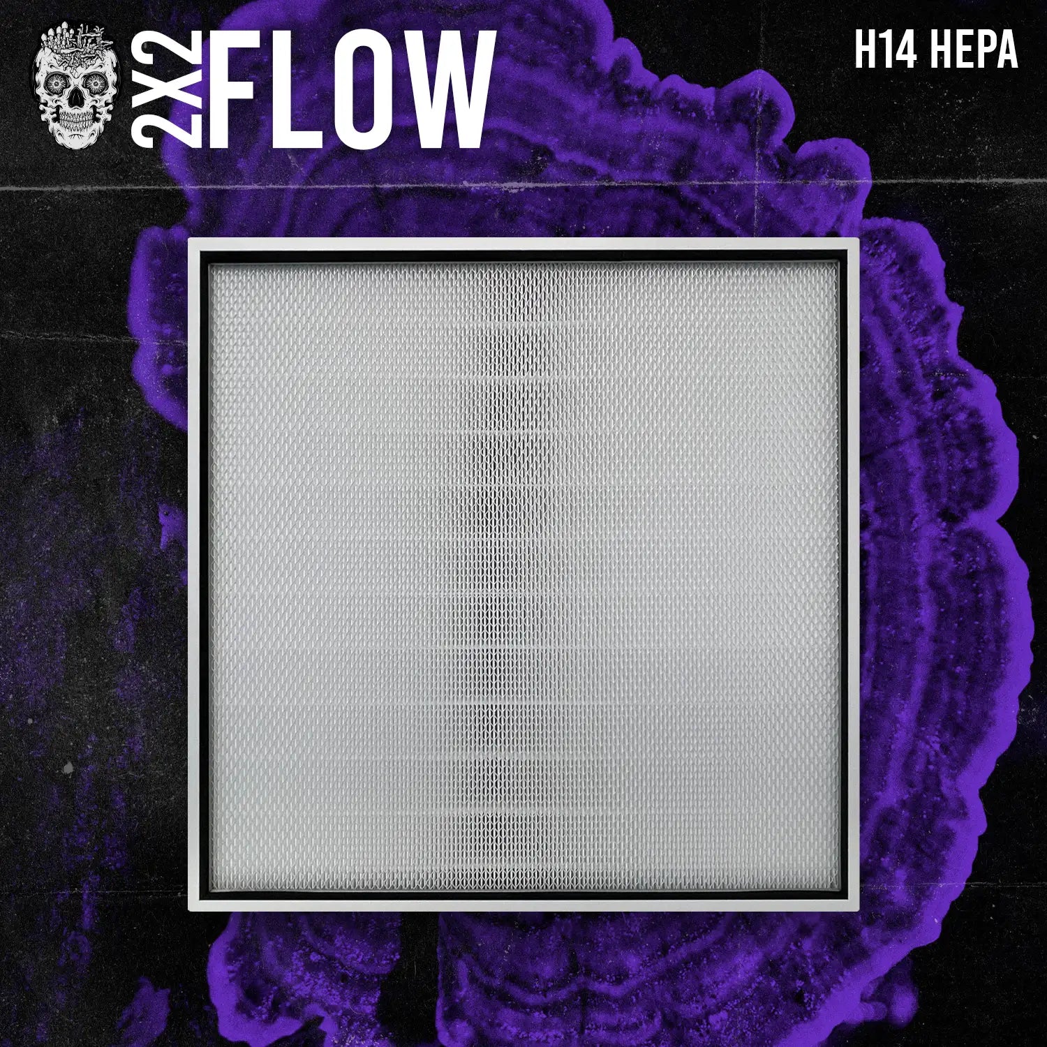 MycoPunks 2x2 Flow unit  with '2x2 Flow' and 'H14 HEPA' text on a purple and black background